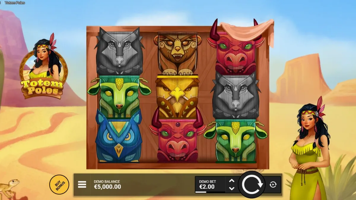 Totem Poles slot machine interface showing animal spirit symbols and totem poles