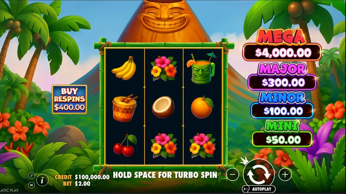 Interface do slot Super Tiki Strike com tema tropical e vulcão ao fundo